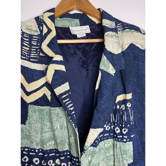 Vintage Fitting Image Women's 1X Blue Geometric Pattern Light Blazer Top - Picture 3 of 10